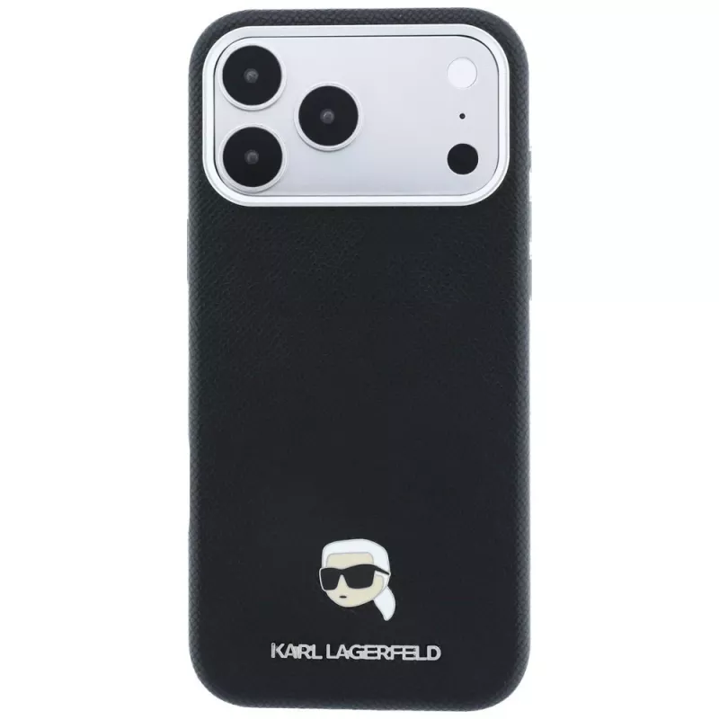 Karl Lagerfeld zrnitá Karl Head kovové logo MagSafe puzdro pre iPhone 18 Pro Max / 17 Pro Max, čierna