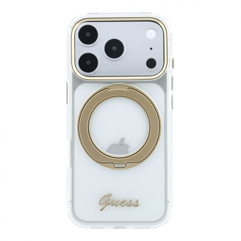 Guess HC MagSafe IML Ring Stand 360 Script Metal Logo puzdro pre Apple iPhone 18 Pro, transparentné