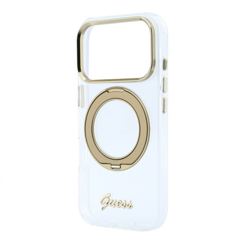 Guess HC MagSafe IML Ring Stand 360 Script Metal Logo puzdro pre Apple iPhone 18 Pro, transparentné