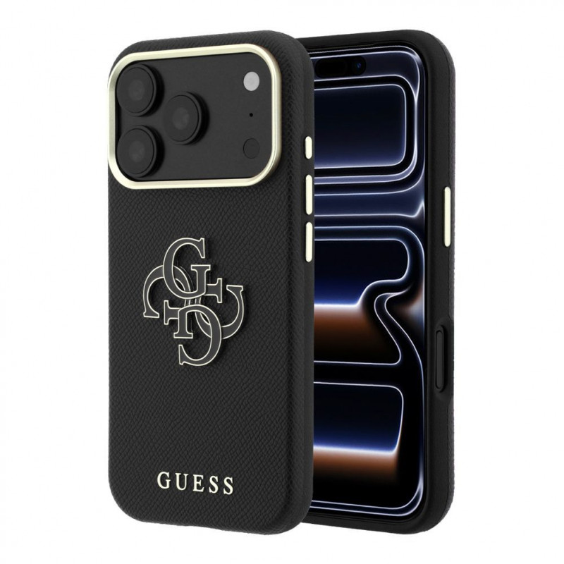 Guess SW zrnitý PU- & veľké Resin-Logo puzdro pre Apple iPhone 18 Pro, čierna