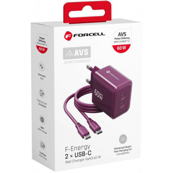 Forcell F-Energy GaN III VT-60 60W PD QC 4.0+ 2x USB-C bordové napájací zdroj + USB-C kábel