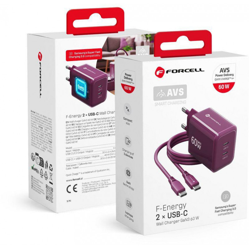Forcell F-Energy GaN III VT-60 60W PD QC 4.0+ 2x USB-C bordové napájací zdroj + USB-C kábel