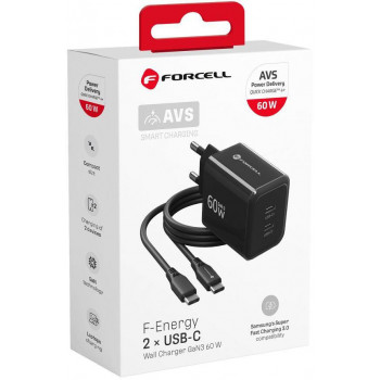 Forcell F-Energy GaN III VT-60 60W PD QC 4.0+ 2x USB-C napájací zdroj čierna + USB-C kábel