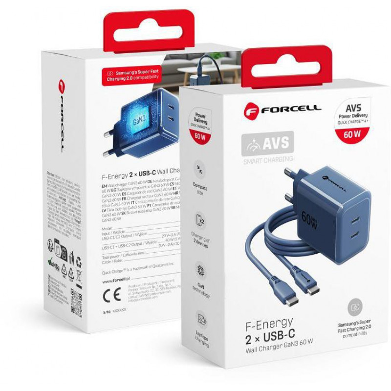 Forcell F-Energy GaN III VT-60 60W PD QC 4.0+ 2x USB-C napájací zdroj tmavomodrá + USB-C kábel