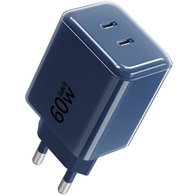 Forcell F-Energy GaN III VT-60 60W PD QC 4.0+ 2x USB-C napájací zdroj tmavomodrá + USB-C kábel