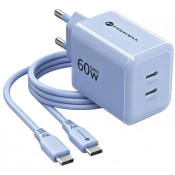 Forcell F-Energy GaN III VT-60 60W PD QC 4.0+ 2x USB-C napájací zdroj modrá + USB-C kábel