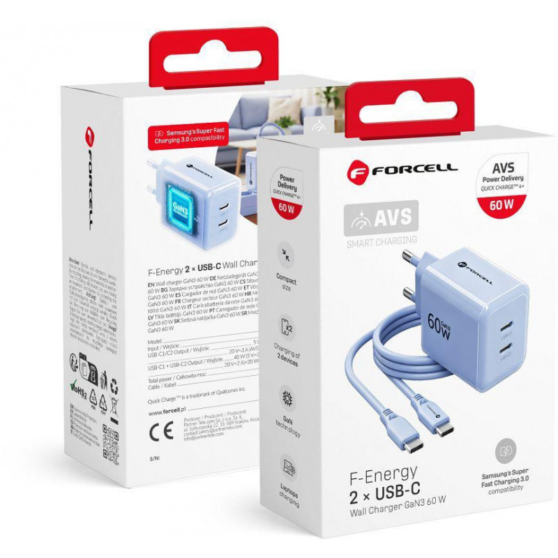 Forcell F-Energy GaN III VT-60 60W PD QC 4.0+ 2x USB-C napájací zdroj modrá + USB-C kábel
