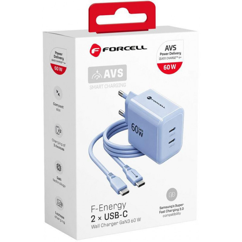 Forcell F-Energy GaN III VT-60 60W PD QC 4.0+ 2x USB-C napájací zdroj modrá + USB-C kábel