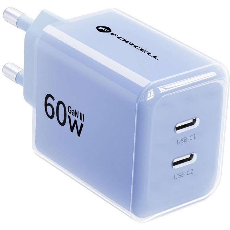 Forcell F-Energy GaN III VT-60 60W PD QC 4.0+ 2x USB-C napájací zdroj modrá + USB-C kábel