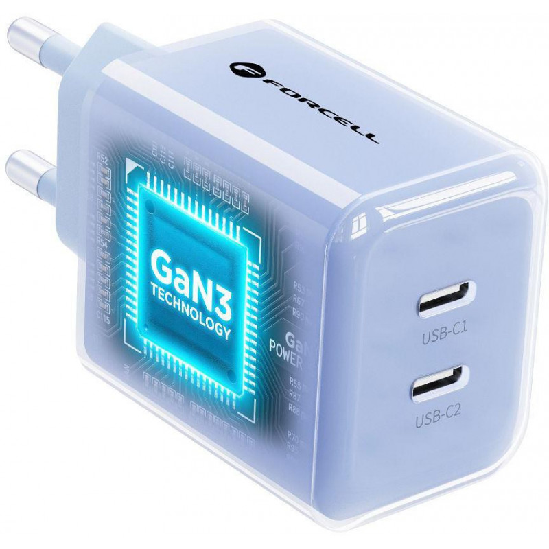 Forcell F-Energy GaN III VT-60 60W PD QC 4.0+ 2x USB-C napájací zdroj modrá + USB-C kábel