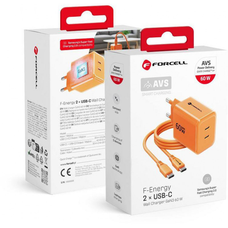 Forcell F-Energy GaN III VT-60 60W PD QC 4.0+ 2x USB-C napájací zdroj oranžová + USB-C kábel