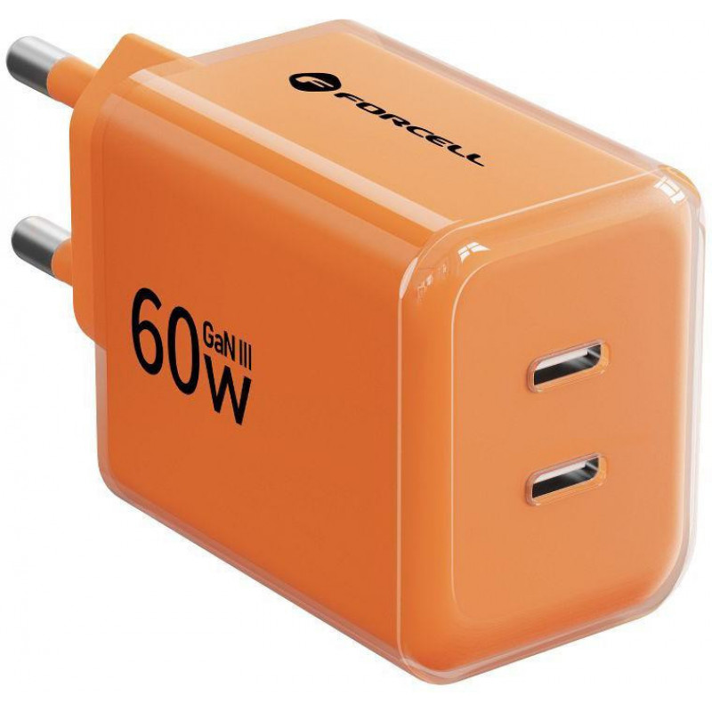 Forcell F-Energy GaN III VT-60 60W PD QC 4.0+ 2x USB-C napájací zdroj oranžová + USB-C kábel