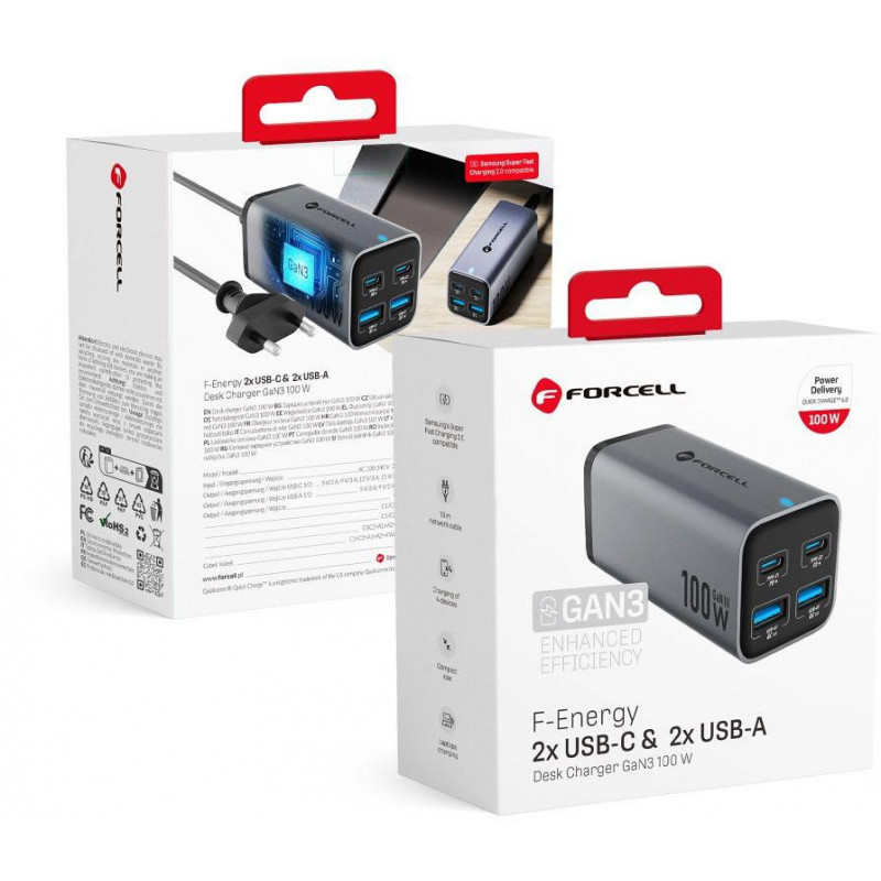 Forcell F-Energy GaN III VT-49 stolná nabíjačka, 2x USB-C + 2x USB-A, PD, QC 4.0, 100 W, sivá