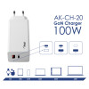 Nástenná nabíjačka Akyga AK-CH-20 100W USB-C USB-A PD GaN 5-20V / 1.5-5A biela