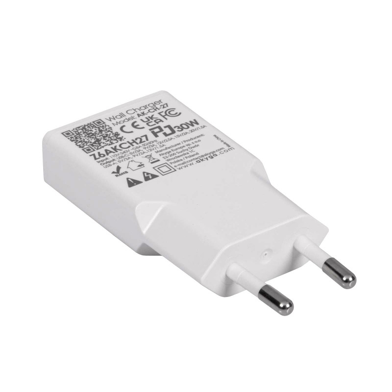 Nástenná nabíjačka Akyga AK-CH-27 30W USB-C USB-A PD GaN 5-20V / 1.5-3A biela