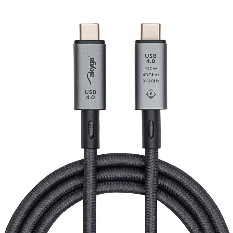 Akyga AK-USB-45 pletený kábel USB-C na USB-C, USB4, 40 Gbit/s, 240 W, 1 m, sivý