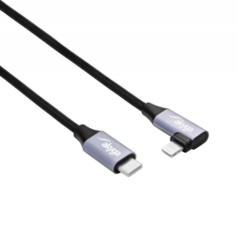 Akyga AK-USB-56 pletený kábel USB-C na Lightning s uhlovým konektorom, USB 2.0, 30 W, 1 m, čierny