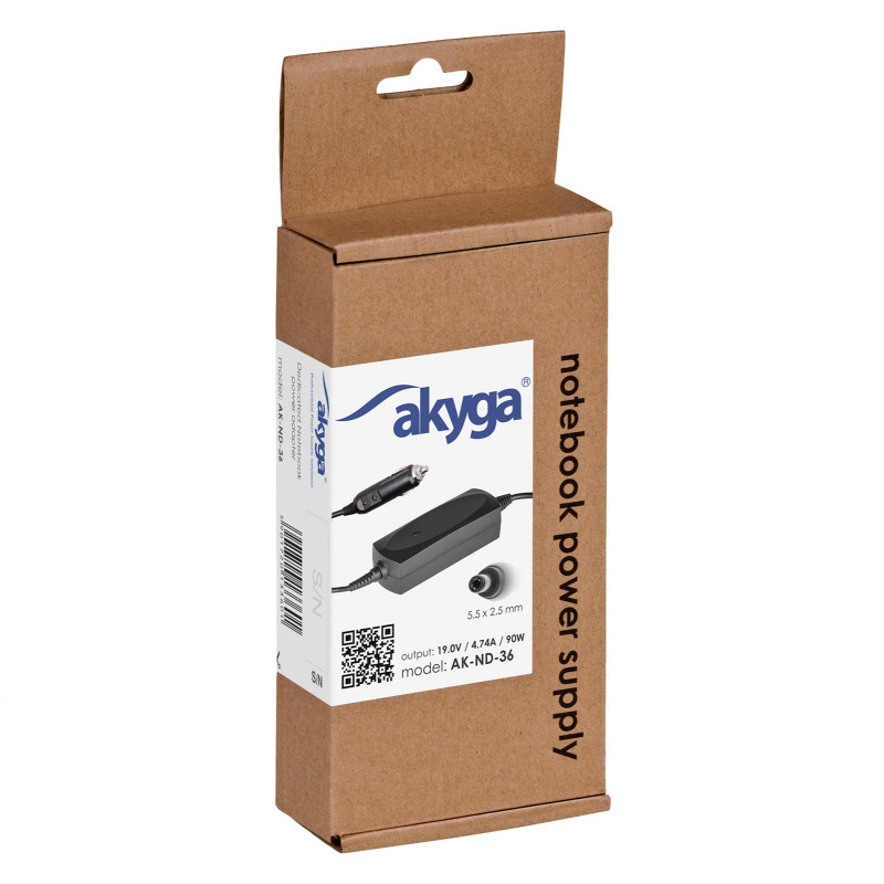 Akyga AK-ND-36 auto napájací zdroj pre notebook 19 V / 4,74 A, 90 W, 5,5 x 2,5 mm, pre ASUS / Toshiba