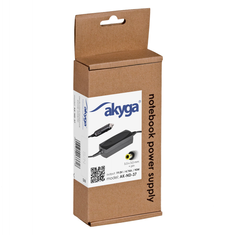 Akyga AK-ND-37 auto napájací zdroj pre notebook 19 V / 4,74 A, 90 W, 5,5 x 3,0 mm + pin, pre Samsung