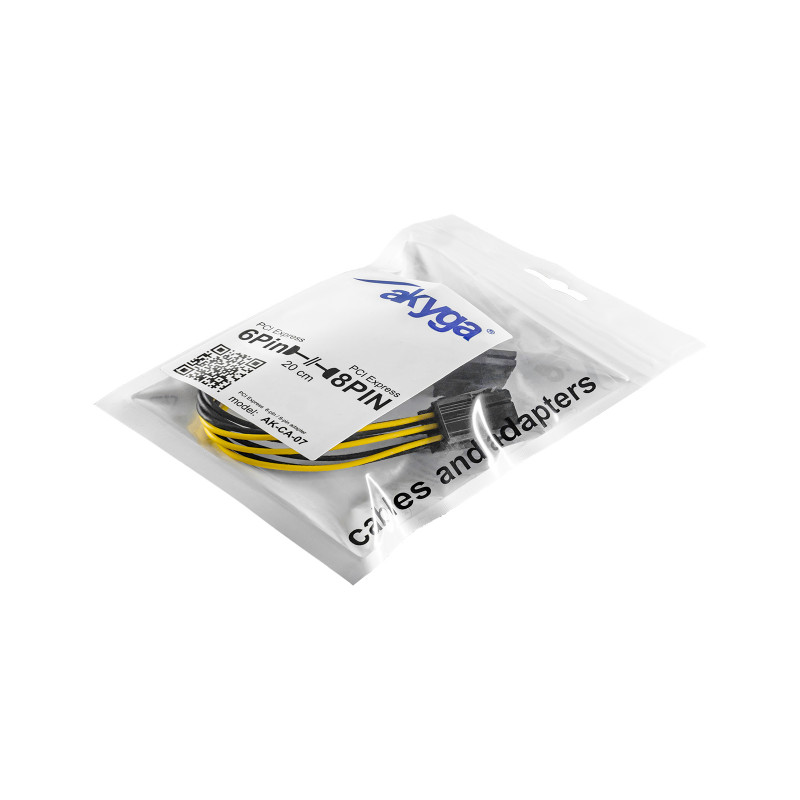 Akyga AK-CA-07 PCIe 6-pin (M) na PCIe 8-pin (6+2) (F) napájací adaptérový kábel, 20 cm