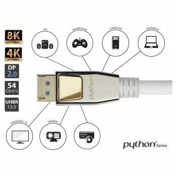 Good Connections Python DP20-PY010W kábel DisplayPort 2.0, 54 Gbit/s, UHBR 13.5, nylonové opletenie, biely, 1 m