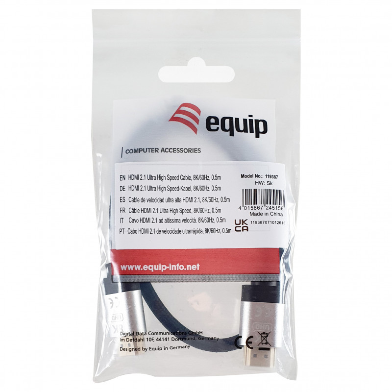 Equip 119387 kábel HDMI 2.1 Ultra High Speed s Ethernetom, 48 Gbps, 8K/60 Hz, čierny, 0,5 m