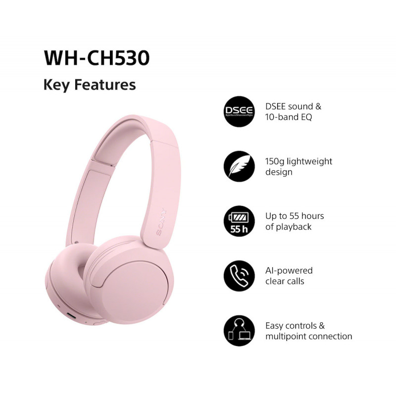 Sony WH-CH530 slúchadlá Bluetooth na uši s mikrofónom, redukcia hluku, ružové