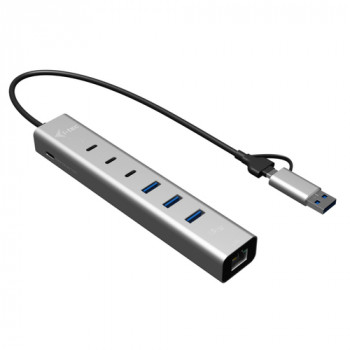 i-tec CAHUBMETAL6LANPD kovový USB-C/USB-A hub, 6 portov, Gigabit LAN, Power Delivery 85 W, strieborný