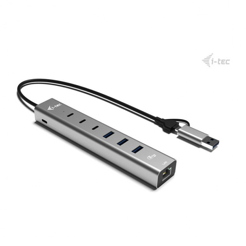 i-tec CAHUBMETAL6LANPD kovový USB-C/USB-A hub, 6 portov, Gigabit LAN, Power Delivery 85 W, strieborný