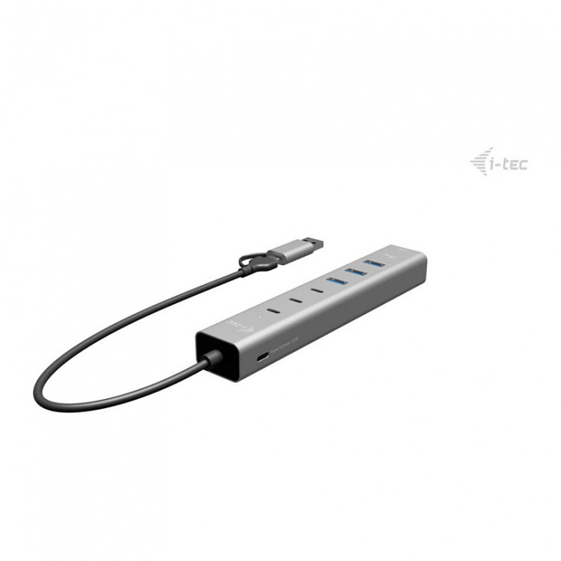 i-tec CAHUBMETAL6LANPD kovový USB-C/USB-A hub, 6 portov, Gigabit LAN, Power Delivery 85 W, strieborný