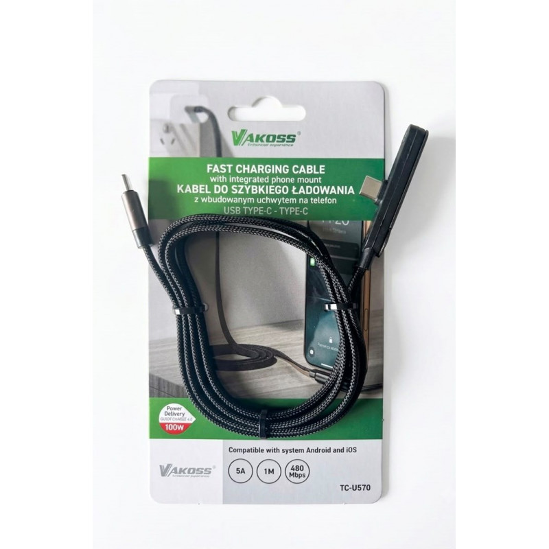 Vakoss TC-U570 kábel USB-C na USB-C s funkciou stojana, 100 W, 1 m, čierny
