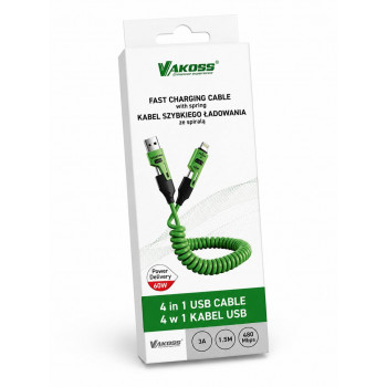 Vakoss MLU680G kábel 4 v 1, 1,5 m, 60 W, 3 A, QC/PD, zelený