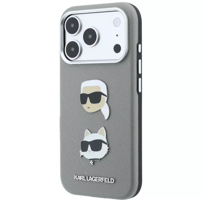 Karl Lagerfeld KF003253 puzdro Saffiano s Karl & Choupette Heads Pins a logom pre iPhone 18 Pro / 17 Pro, sivé