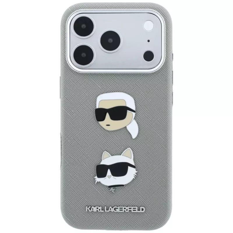 Karl Lagerfeld KF003253 puzdro Saffiano s Karl & Choupette Heads Pins a logom pre iPhone 18 Pro / 17 Pro, sivé