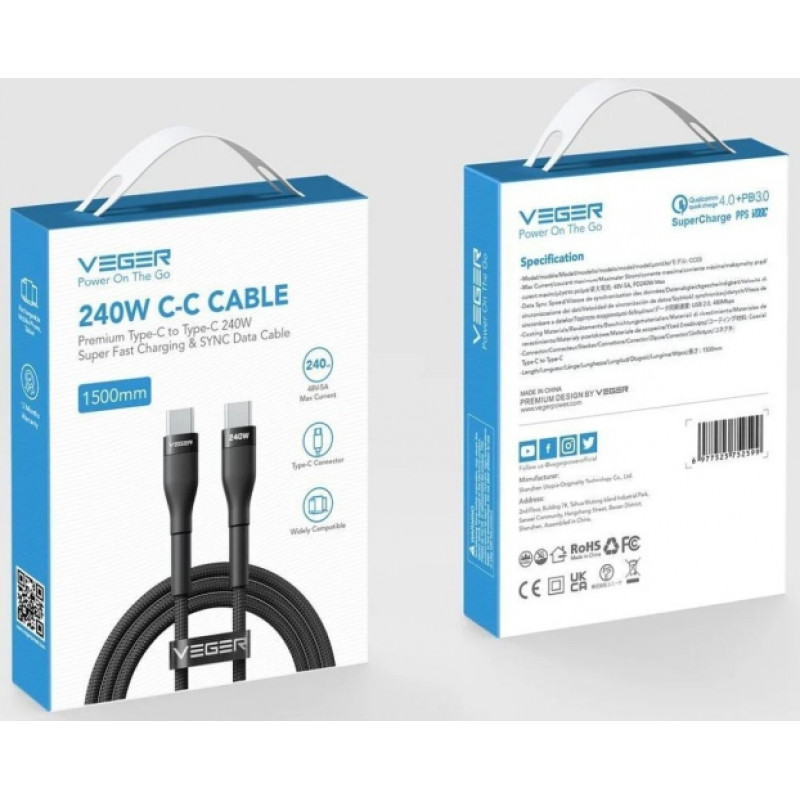 Veger CC03 kábel USB-C na USB-C, PD 48 V 5 A 240 W, 1,5 m, čierny