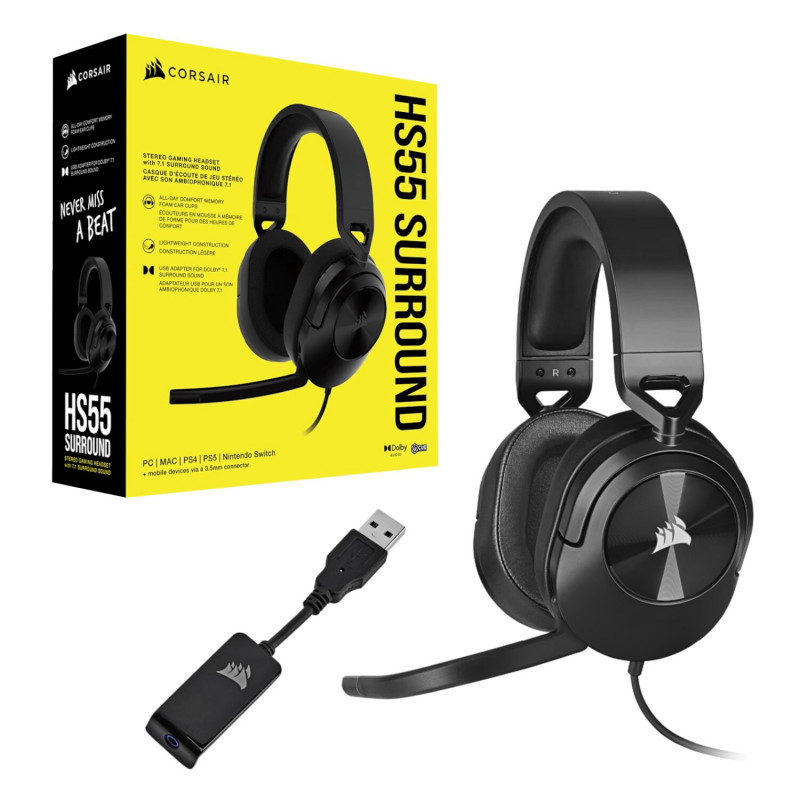 Corsair HS55 Surround CA-9011260-AP drôtový herný headset, Dolby Audio 7.1, karbónová čierna