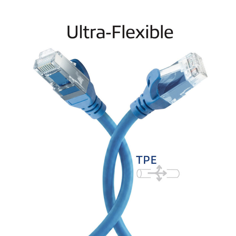 ACT FC1601 ultraflexibilný prepojovací kábel CAT6A U/UTP s konektormi RJ45, 1 m, TPE, s ochranou proti zachytávaniu, modrý