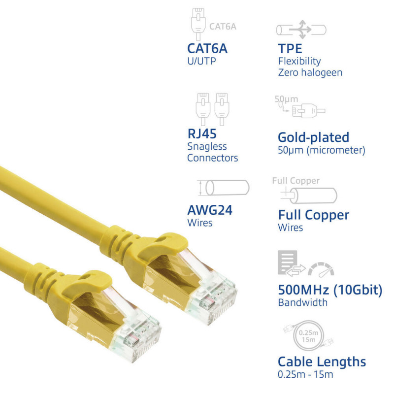 ACT FC1807 prepojovací kábel U/UTP CAT6A z TPE, ultraflexibilný, s konektormi RJ45, 7 m, žltý