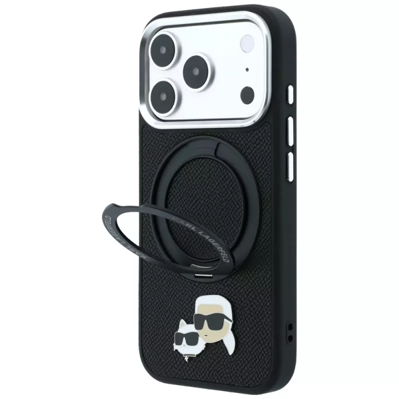 Karl Lagerfeld Ring Stand 360 Karl & Choupette Heads Pin puzdro s MagSafe pre iPhone 18 Pro / 17 Pro, čierne