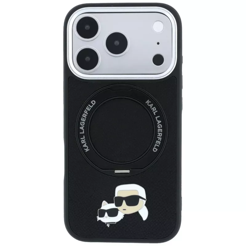 Karl Lagerfeld Ring Stand 360 Karl & Choupette Heads Pin puzdro s MagSafe pre iPhone 18 Pro / 17 Pro, čierne