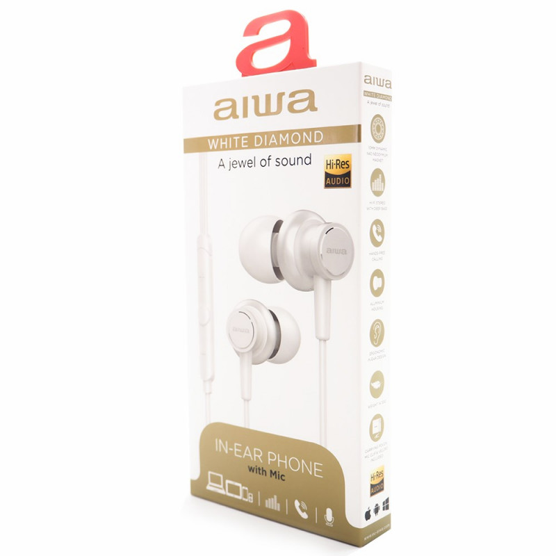 Aiwa ESTM-500W drôtové slúchadlá do uší s mikrofónom, konektor 3,5 mm, biele