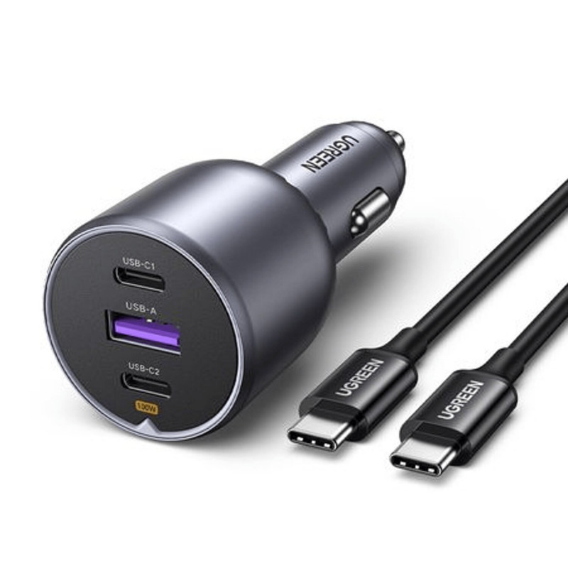 Ugreen EC705 autonabíjačka, USB + 2x USB-C, 130 W, s káblom 1 m 5 A