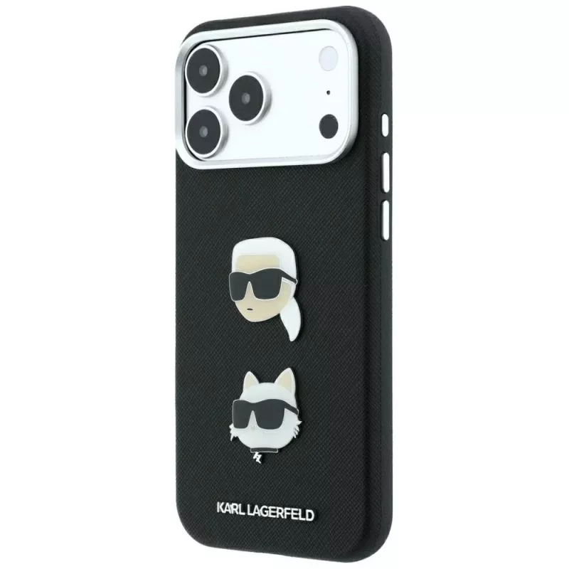Karl Lagerfeld KF003250 puzdro pre iPhone 18 Pro Max / 17 Pro Max, Saffiano with Karl & Choupette Heads Pins & Logo, čierne