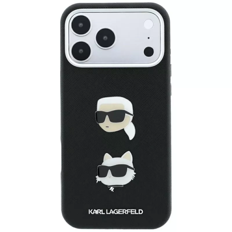 Karl Lagerfeld KF003250 puzdro pre iPhone 18 Pro Max / 17 Pro Max, Saffiano with Karl & Choupette Heads Pins & Logo, čierne