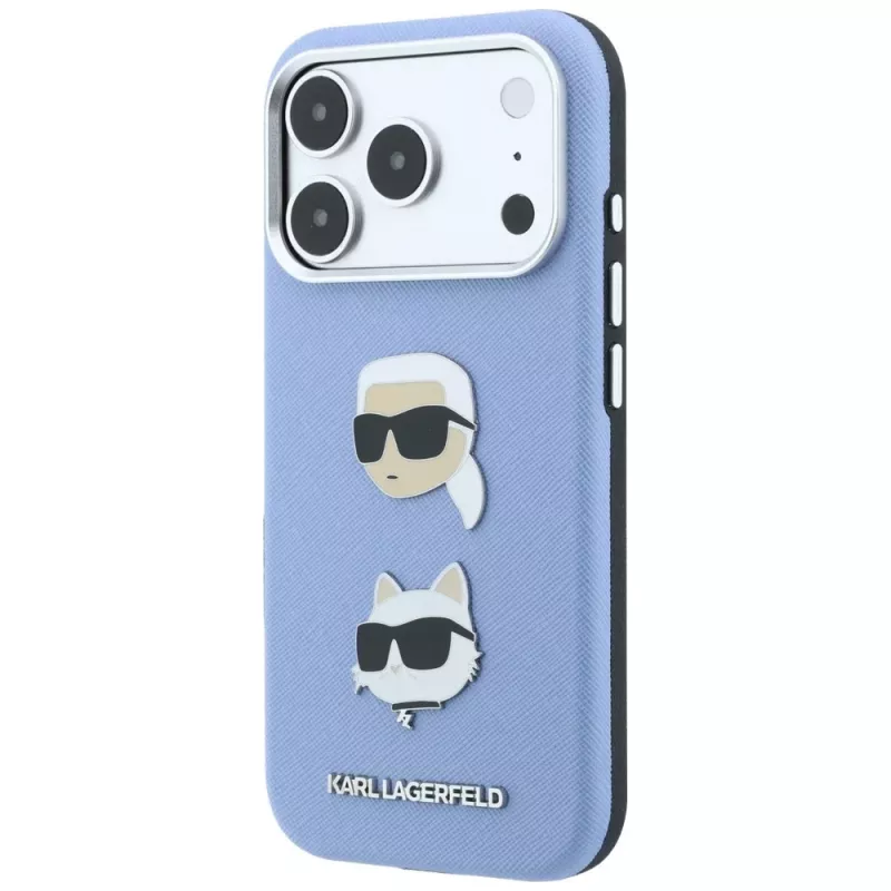 Karl Lagerfeld KF003247 puzdro Saffiano s Karl & Choupette Heads Pins & Logo pre iPhone 18 Pro / 17 Pro, svetlomodré
