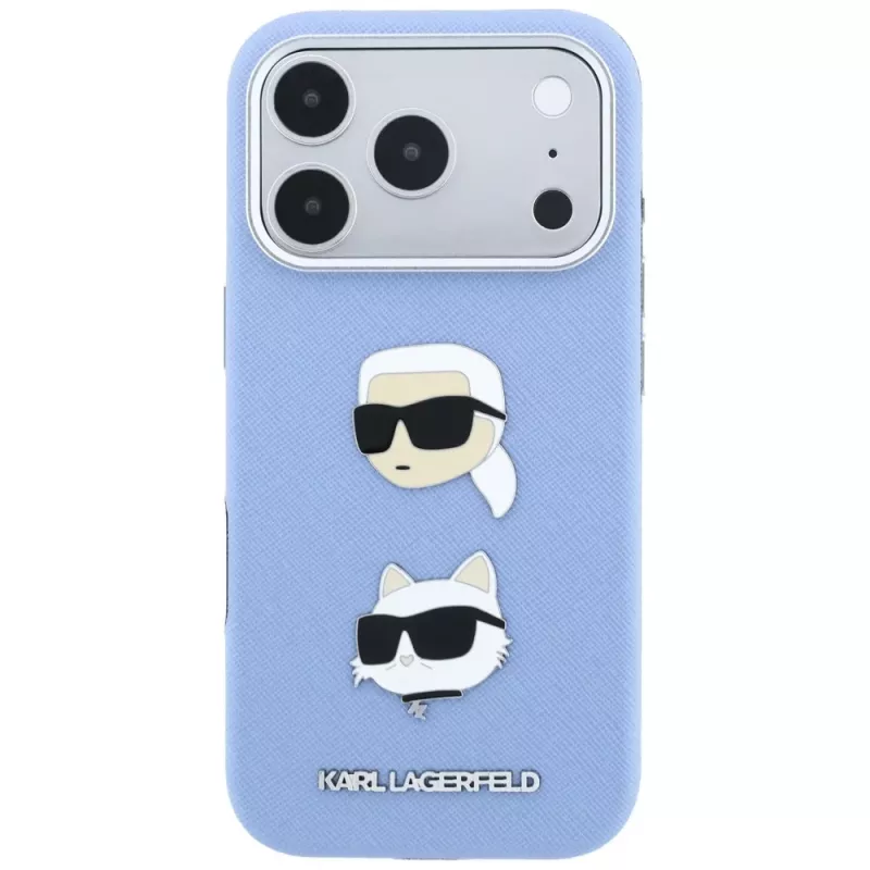 Karl Lagerfeld KF003247 puzdro Saffiano s Karl & Choupette Heads Pins & Logo pre iPhone 18 Pro / 17 Pro, svetlomodré