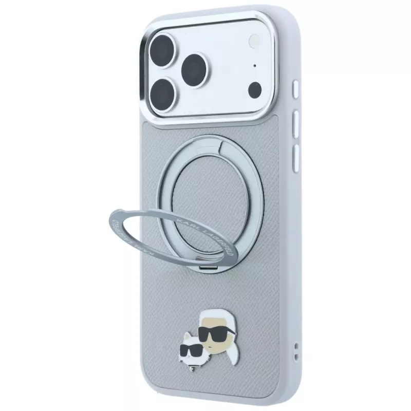Puzdro Karl Lagerfeld KF003229 s prstenovým stojanom 360 Karl & Choupette Heads Pin MagSafe pre iPhone 18 Pro / 17 Pro, sivé