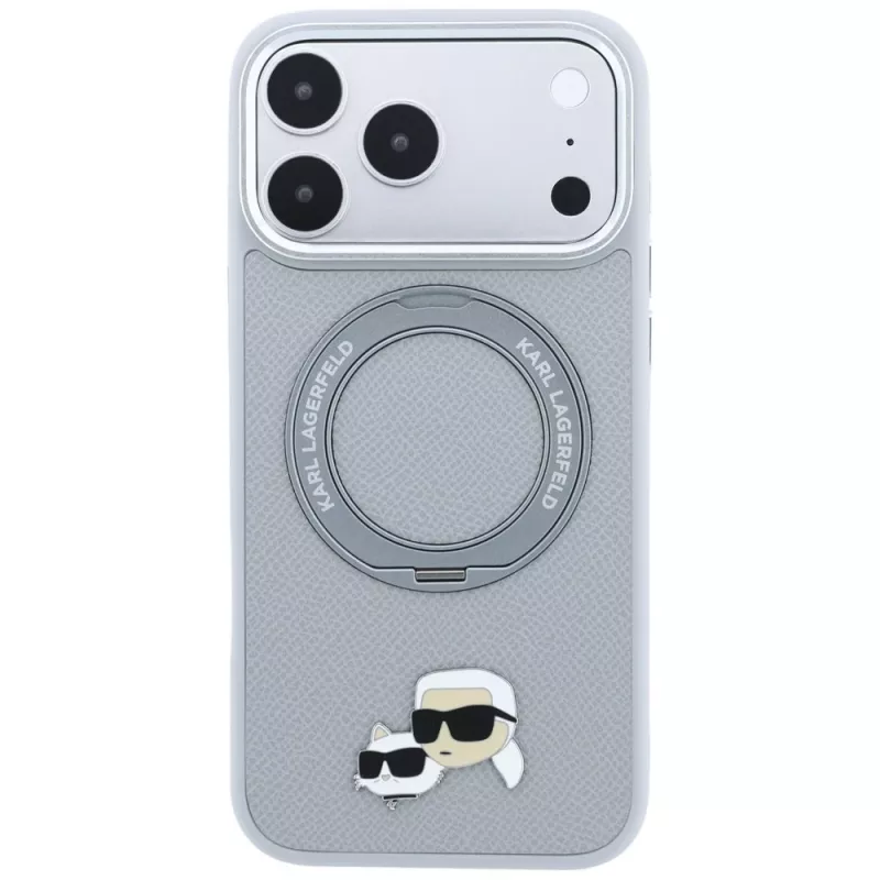 Puzdro Karl Lagerfeld KF003229 s prstenovým stojanom 360 Karl & Choupette Heads Pin MagSafe pre iPhone 18 Pro / 17 Pro, sivé