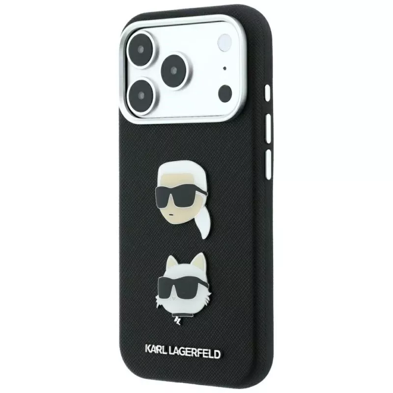 Karl Lagerfeld KF003249 Saffiano with Karl & Choupette Heads Pins & Logo puzdro na iPhone 18 Pro / 17 Pro, čierne