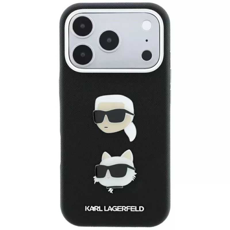Karl Lagerfeld KF003249 Saffiano with Karl & Choupette Heads Pins & Logo puzdro na iPhone 18 Pro / 17 Pro, čierne